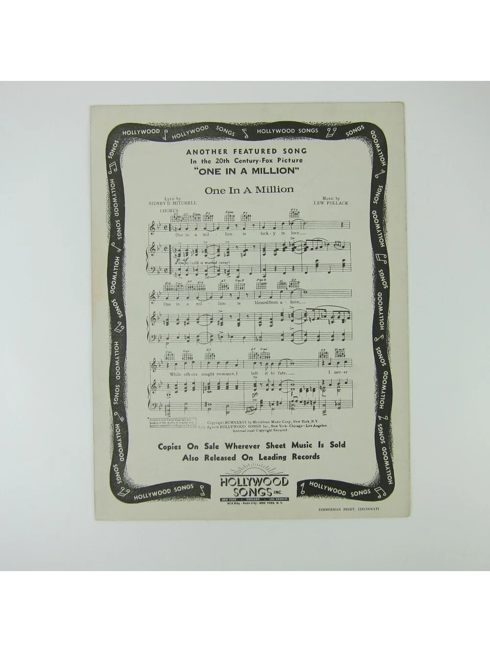 Sheet Music Who's Afraid of Love One in a Million Film Sonja Henie Vintage 1936